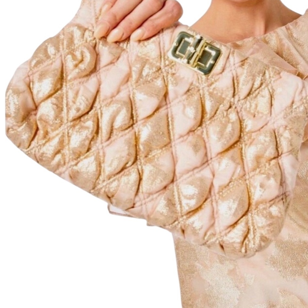 Lilly Pulitzer Gold Organza Quilted Chancey Clutch w/ Turn-Lock Closure & Chain - Picture 5 of 16